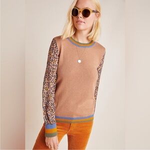 NWOT Anthropologie Petite S Celina Knit Pullover Mixed Media Leopard Sleeve NEW